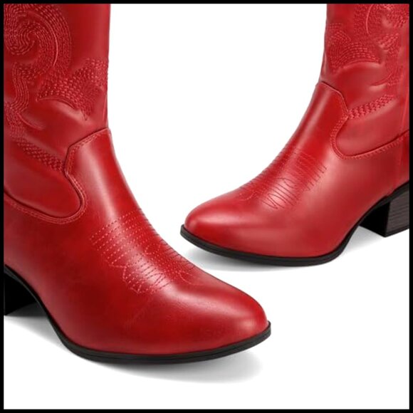 Women's Mid Calf Cowboy Boots with Embroidery Round Toe Low Heel - Picture 2 of 7